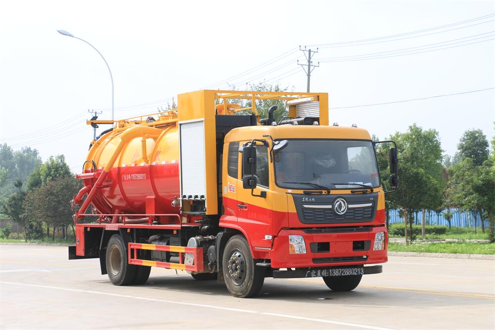 15方清洗吸污車-東風天錦15方10+5清洗吸污兩用車-帶副發動機圓罐紅黃色